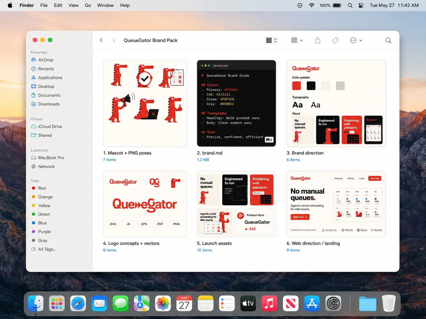 Finder window with the QueueGator brand pack: mascot poses, brand.md, brand direction, logo vectors, launch assets and landing page
