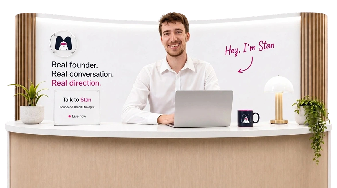 Stan, founder and brand strategist, live at the Monstric front desk - real founder, real conversation, real direction